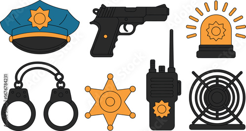 Collection of police equipment and accessories for law enforcement officers