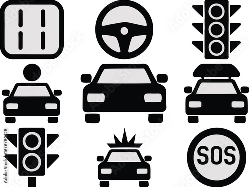 Collection of traffic and driving related icons and symbols on white background
