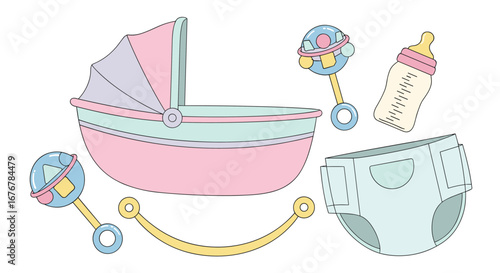 Adorable baby essentials including a stroller and diaper for newborns and infants