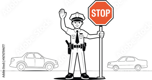 Cartoon policeman directing traffic with a stop sign and cars