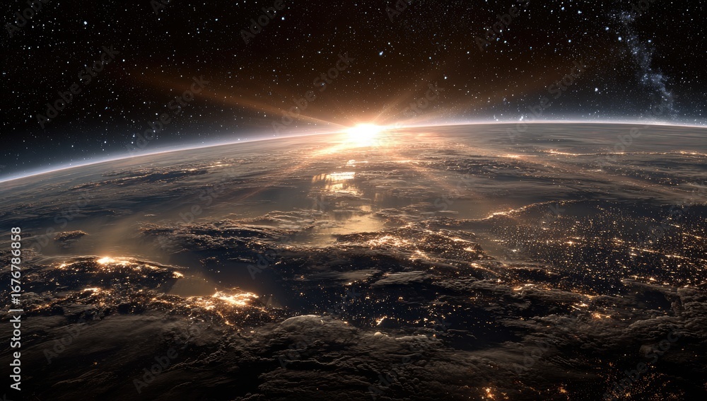 Fototapeta premium Earth rising, sunrise from space. Vast expanse of planet with clouds, and city lights. Stars visible above. Golden sun rising