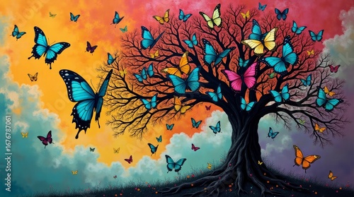 Vibrant butterflies on a surreal tree fantasy