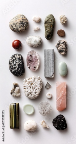 Wallpaper Mural Assorted stones and crystals arranged on a white background.  Various shapes, sizes, and colors Torontodigital.ca