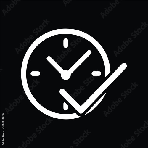Clock with Check Mark Icon Black and White Vector