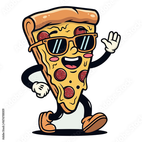 Happy cheesy pepperoni pizza slice character wearing sunglasses and waving hello vector