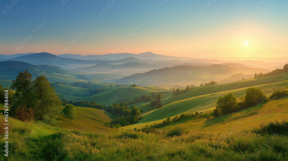 Obraz premium Fresh morning sunrise over green rolling hills in spring, panoramic dreamy shot