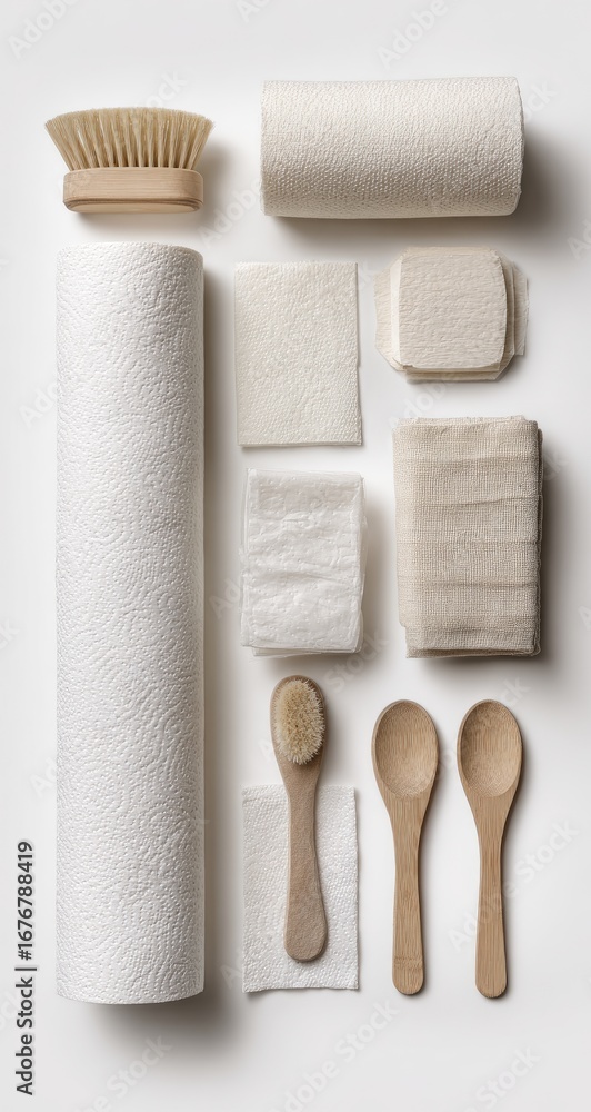 Naklejka premium Natural cleaning and personal care items arranged on a white background. Variety of textures and materials