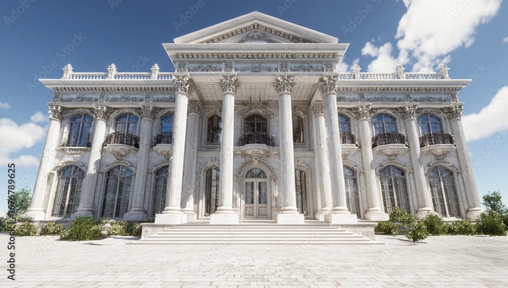 Fototapeta premium Grand, white mansion facade under a clear sky