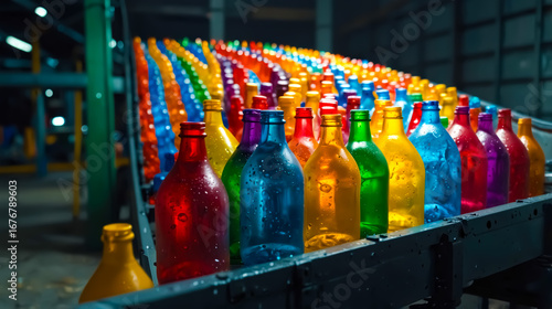 Bright Colored Glass Bottles on Conveyor Belt at Beverage Production Factory