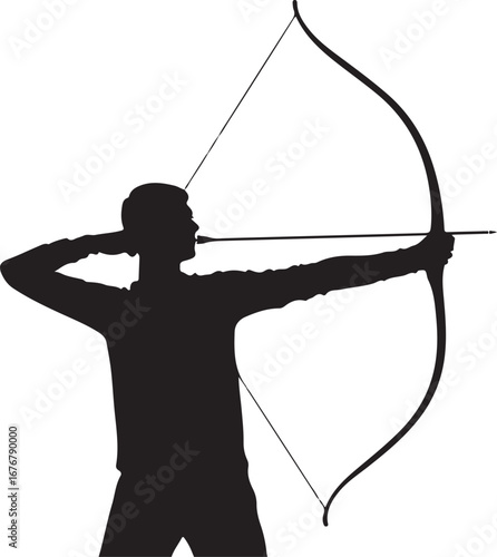Black silhouette of a person aiming a bow and arrow archery