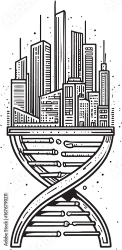 Black and white line art illustration of a cityscape atop a D N A double helix structure science genetics
