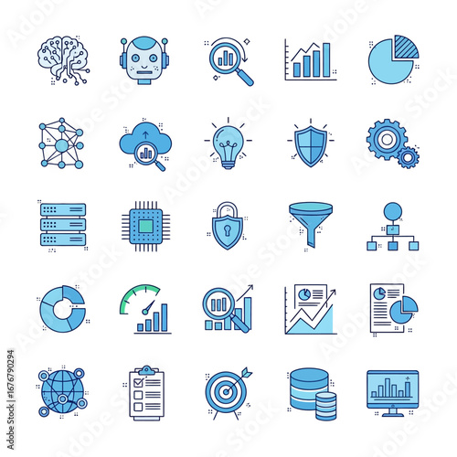 A collection of blue line icons representing data analysis, artificial intelligence, business intelligence, and technology concepts.