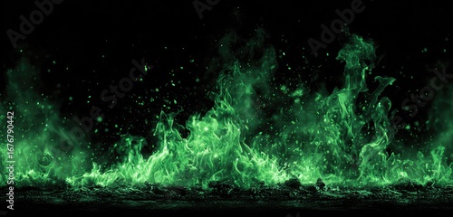 Vibrant green flames against a dark background