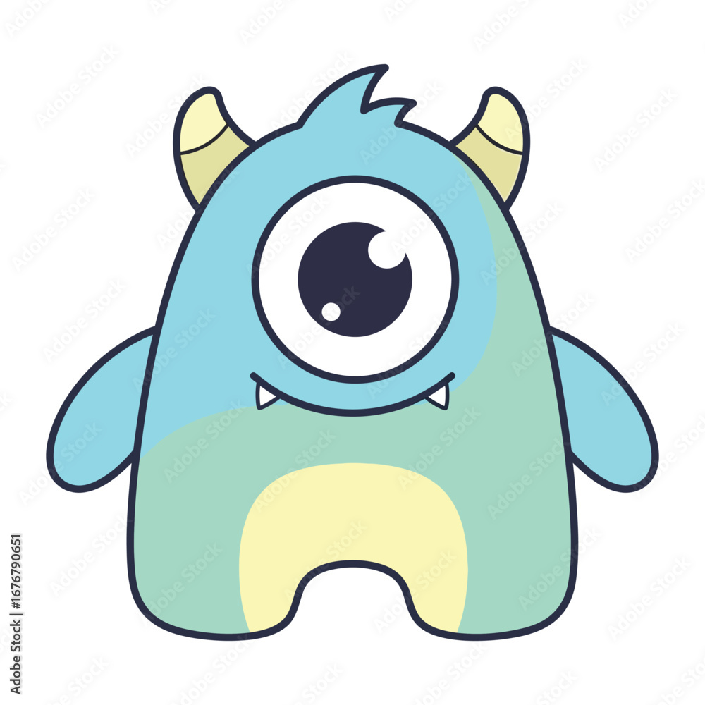Fototapeta premium Cute cartoon cyclops monster with horns and friendly expression for children's content vector