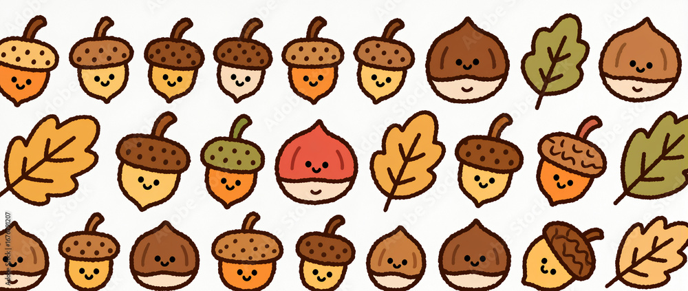 Fototapeta premium Cute and colorful illustrations of cheerful acorns and leaves
