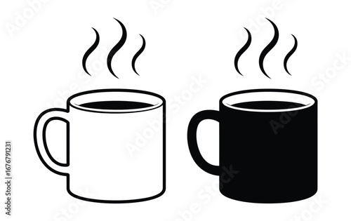 Two steaming hot mugs of coffee or tea one white and one black on a white background