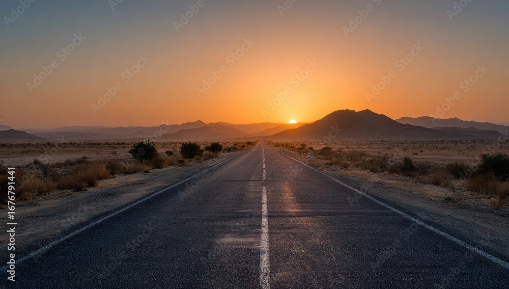 Naklejka premium A paved road stretches into a desert sunrise. Sunrise over a vast, arid landscape. Golden light bathes distant hills. Peaceful, empty highway