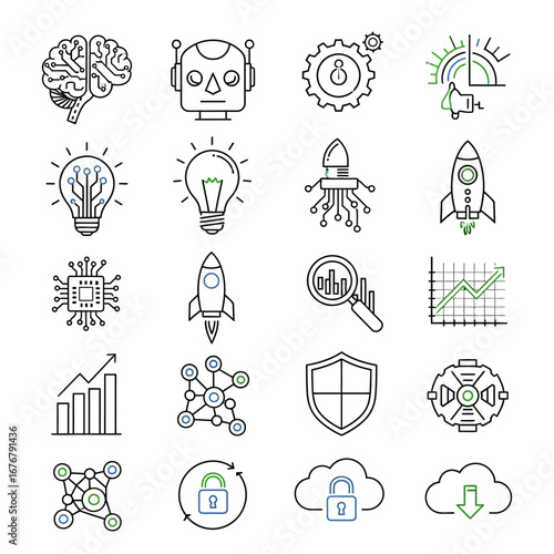 A set of thin line icons representing concepts of artificial intelligence, innovation, technology, business, data analysis, and security.