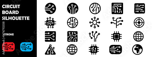 Circuit Board Silhouette Vector Icons – Technology, Electronics, Computer Hardware Symbol