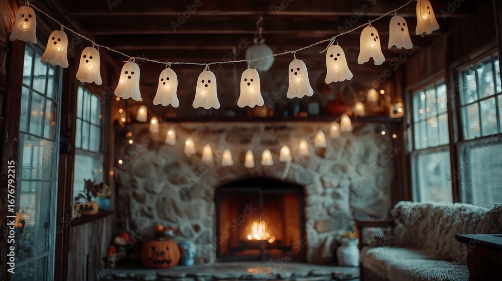 Obraz premium Cozy rustic living room decorated with glowing ghost string lights