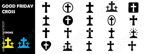 Good Friday Cross Silhouette Vector Icons – Christian Religion, Holy Week, Easter Symbols