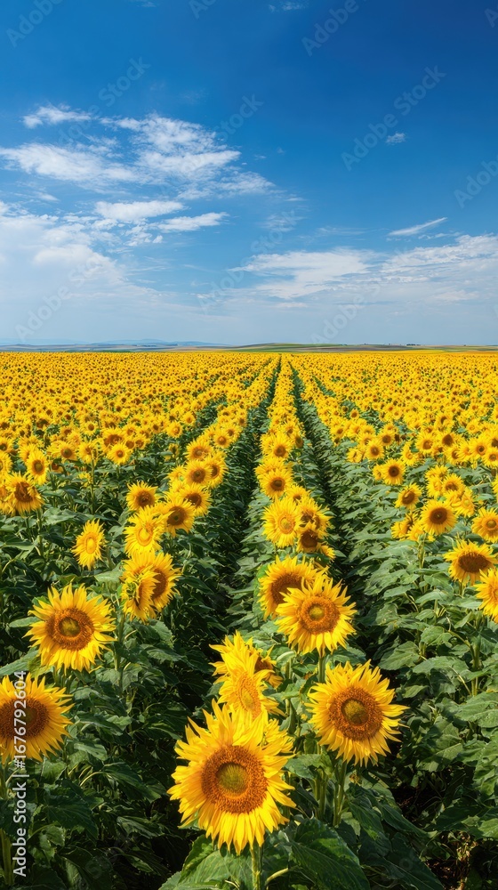 Obraz premium Vast field of sunflowers under a bright blue sky, conveying natural beauty