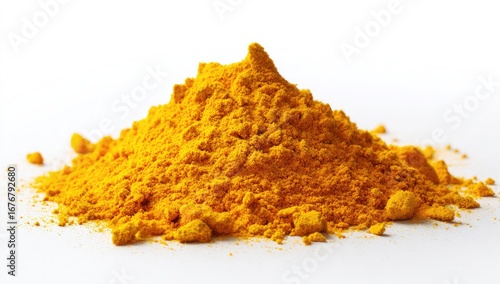 Fototapeta Naklejka Na Ścianę i Meble -  Pile of bright yellow powder on white background