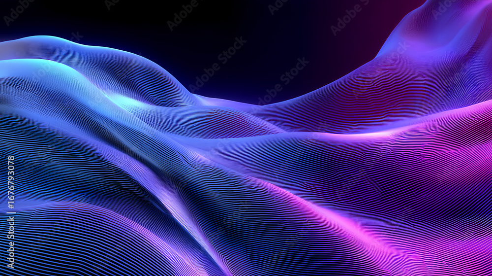 Obraz premium Colorful glass gradient with blue, purple, and pink transitions layered over black. Transparent waves, neon glow, and soft ribbed textures create a futuristic and elegant aesthetic. Stock Illustration