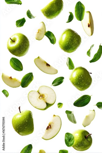 Green apples and leaves in mid-air, falling against a white background.  Slices and whole apples,  with vibrant green foliage.  Fresh and healthy