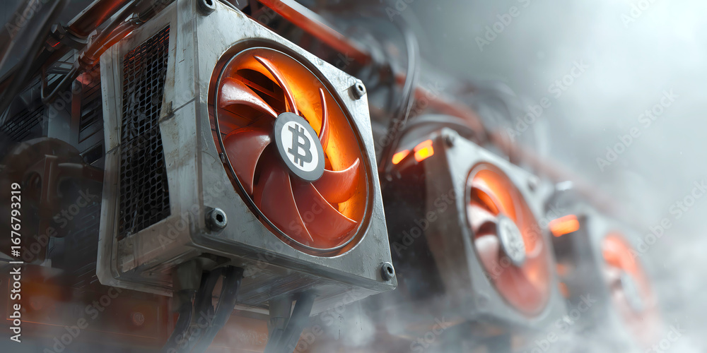 Fototapeta premium Secure Cryptocurrency Mining Farm with Glowing Servers and Advanced Cooling Systems