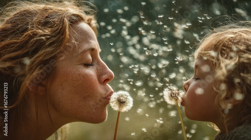 A mother and child share a joyful moment, blowing dandelion seeds into the air, celebrating nature's beauty and the bond between them.