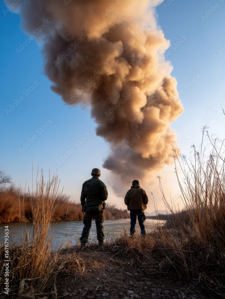 Fototapeta premium Two figures stand by a river, silhouetted against a towering plume of smoke, creating a dramatic contrast with the clear sky.