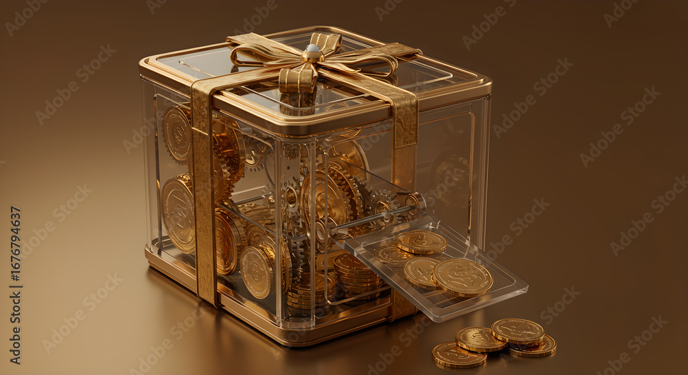 Fototapeta premium Golden Gifting Machine: A Transparent Box Dispensing Precious Digital Coins with Intricate Gears