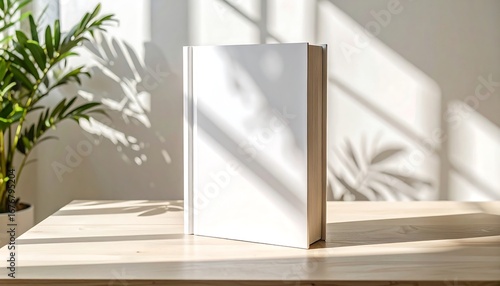 Blank white hardcover book mockup standing on a sunlit wooden table with soft shadows from a plant, perfect for cover design presentation