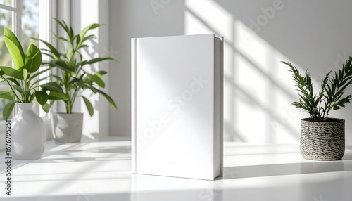 Minimalist 3D render of a blank white hardcover book mockup standing on a sunlit table, with soft shadows and green plants in the background