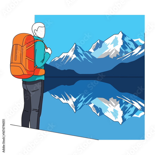Adventure Beckons: An illustrated adventurer, laden with a backpack, gazes at majestic snow-capped mountains mirrored in the still, pristine waters of a lake.