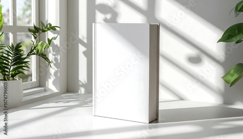 A clean, empty book cover template positioned on a windowsill, bathed in morning sunlight with leafy shadows