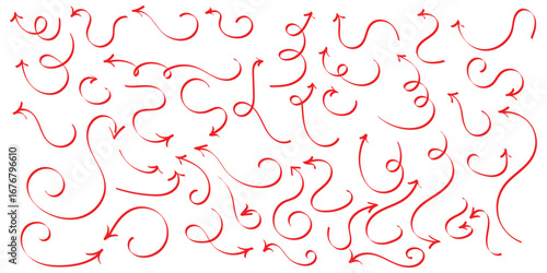 Red isolated hand drawn curved arrow on white background. Different curved arrow icon set. Hand drawing doodle arrow set. Vector arrow icon set. 