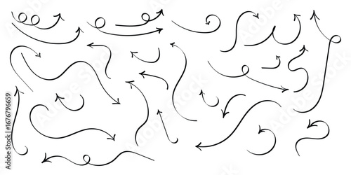 Black hand drawing doodle arrow on isolated white background. Different shapes hand drawn arrow set.  Isolated curved vector doodle icon set. Curved isolated curved navigation arrow. 