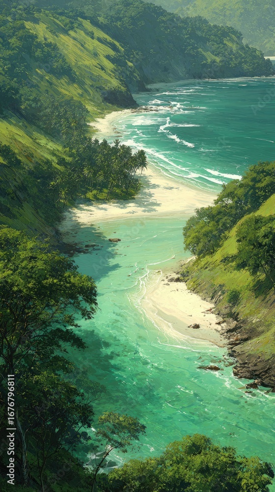 Obraz premium Lush tropical landscape with turquoise waters, a secluded beach, and vibrant greenery