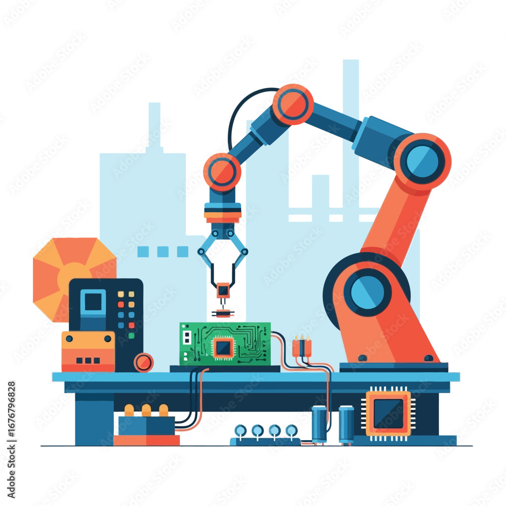 Fototapeta premium Robotics Arm in Manufacturing: A futuristic depiction of a robotic arm meticulously assembling a circuit board, symbolizing innovation and automation in industry.