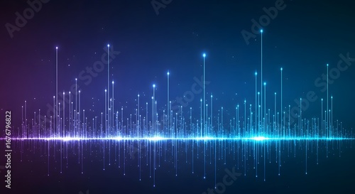 Abstract digital cityscape with glowing vertical lines and reflections on a dark blue and purple background