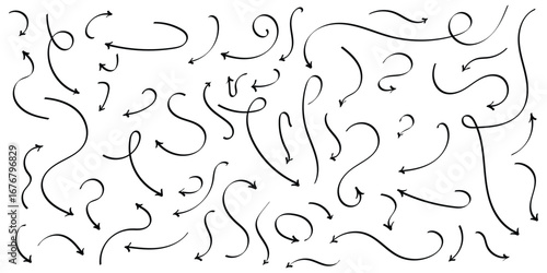 Black hand drawing doodle arrow on isolated white background. Different shapes hand drawn arrow set.  Isolated curved vector doodle icon set. Curved isolated curved navigation arrow. 