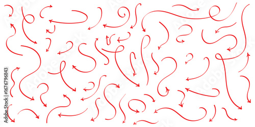 Red isolated hand drawn curved arrow on white background. Different curved arrow icon set. Hand drawing doodle arrow set. Vector arrow icon set. 