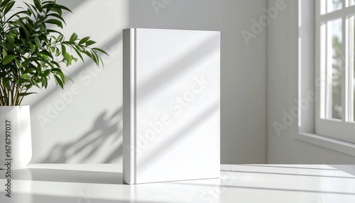 Blank white hardcover book standing on a sunlit table next to a green plant, a clean minimalist mockup for cover design presentation