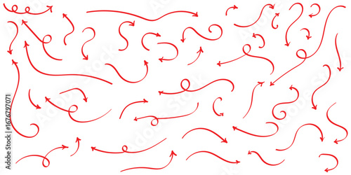 Red isolated hand drawn curved arrow on white background. Different curved arrow icon set. Hand drawing doodle arrow set. Vector arrow icon set. 