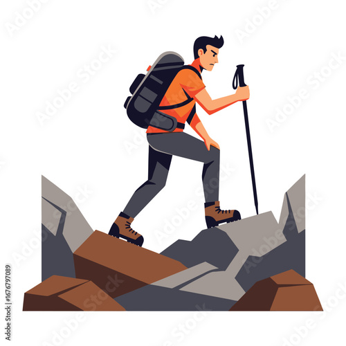 Journey's Ascent: An illustrated image of a determined individual embarking on a mountain hike, navigating challenging terrain with hiking gear.
