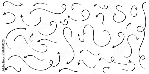 Black hand drawing doodle arrow on isolated white background. Different shapes hand drawn arrow set. Pointing vector design drawn. Isolated curved vector doodle icon set. EPS 10. 