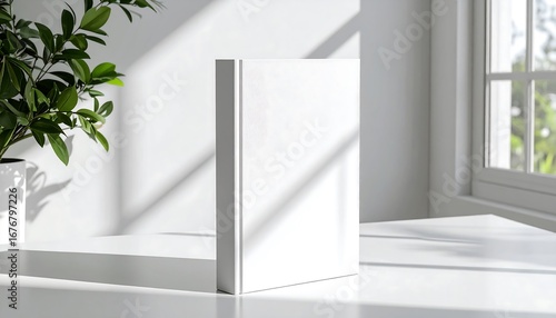 Clean and modern mockup featuring a white hardcover book spine and cover, with soft shadows from a nearby window and plant in a sunlit room
