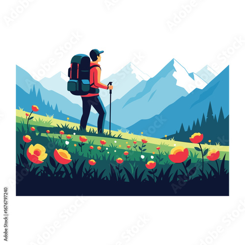 Explorer in Nature's Embrace: An adventurous individual embarks on a hiking expedition through a vibrant field of flowers, with towering mountain peaks offering a breathtaking backdrop.